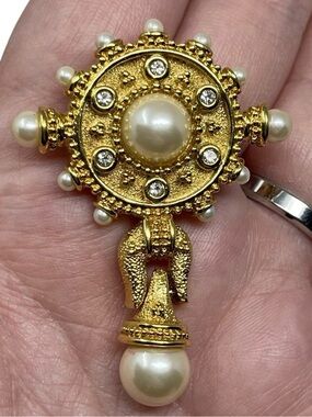 Vintage Henkel & Grosse Gold Tone Rhinestone Faux Pearl Brooch/Necklace Pendant